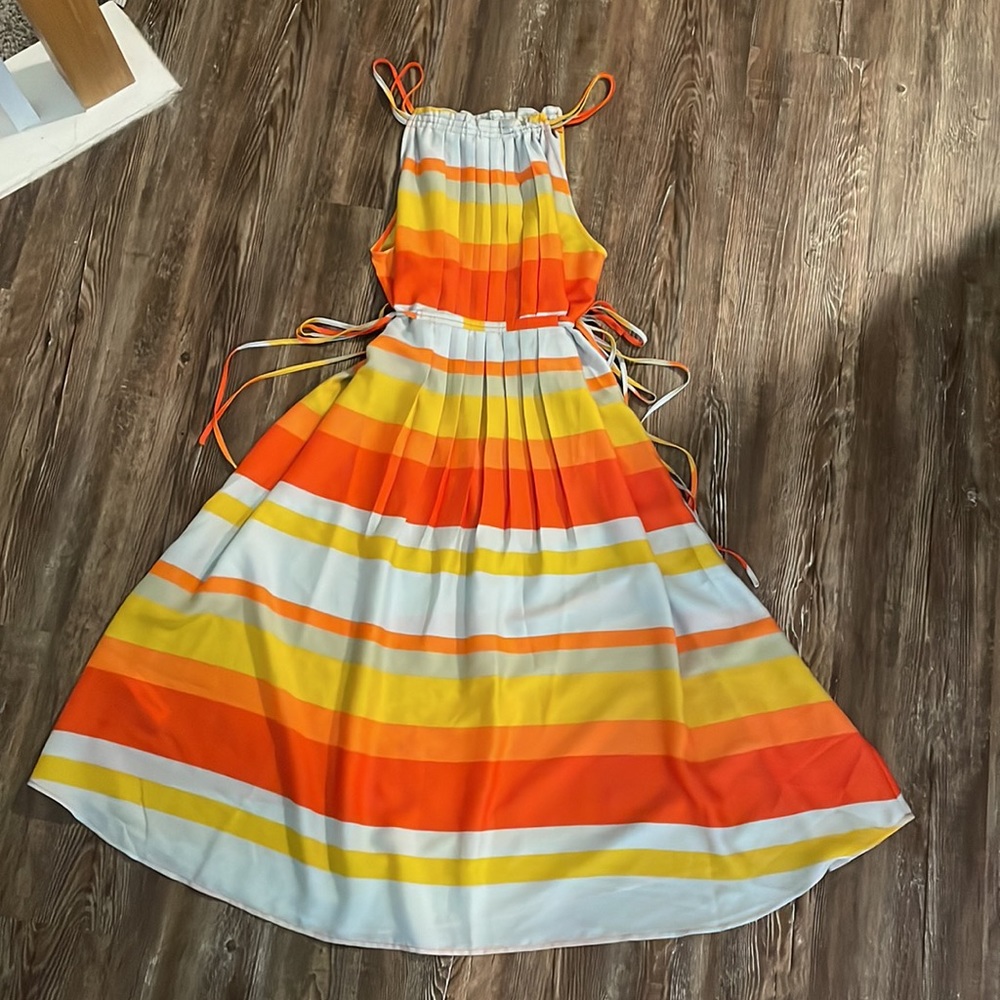 LOFT Striped Pleated Halter Midi Dress with Side Ties